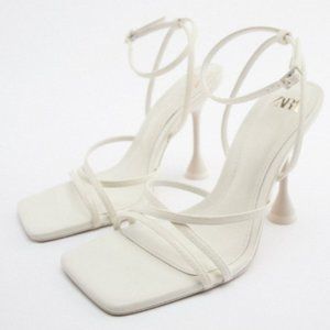 ZARA HIGH HEELED STRAP SANDALS White Strappy Heels Square Toe US 8 EU 39